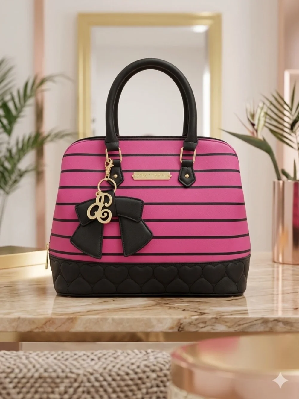 Betsey Johnson Pink and Black Striped‎ Satchel with Bow Charm Shoulder Bag NWOT
